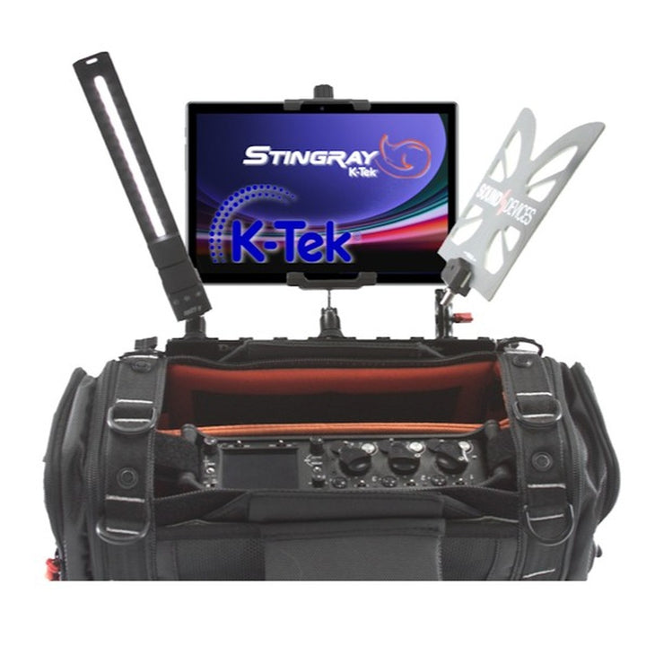 K-Tek KSBB1 Barnacle Bar in use with a tablet, work light and antenna mounted on a Stingray bag