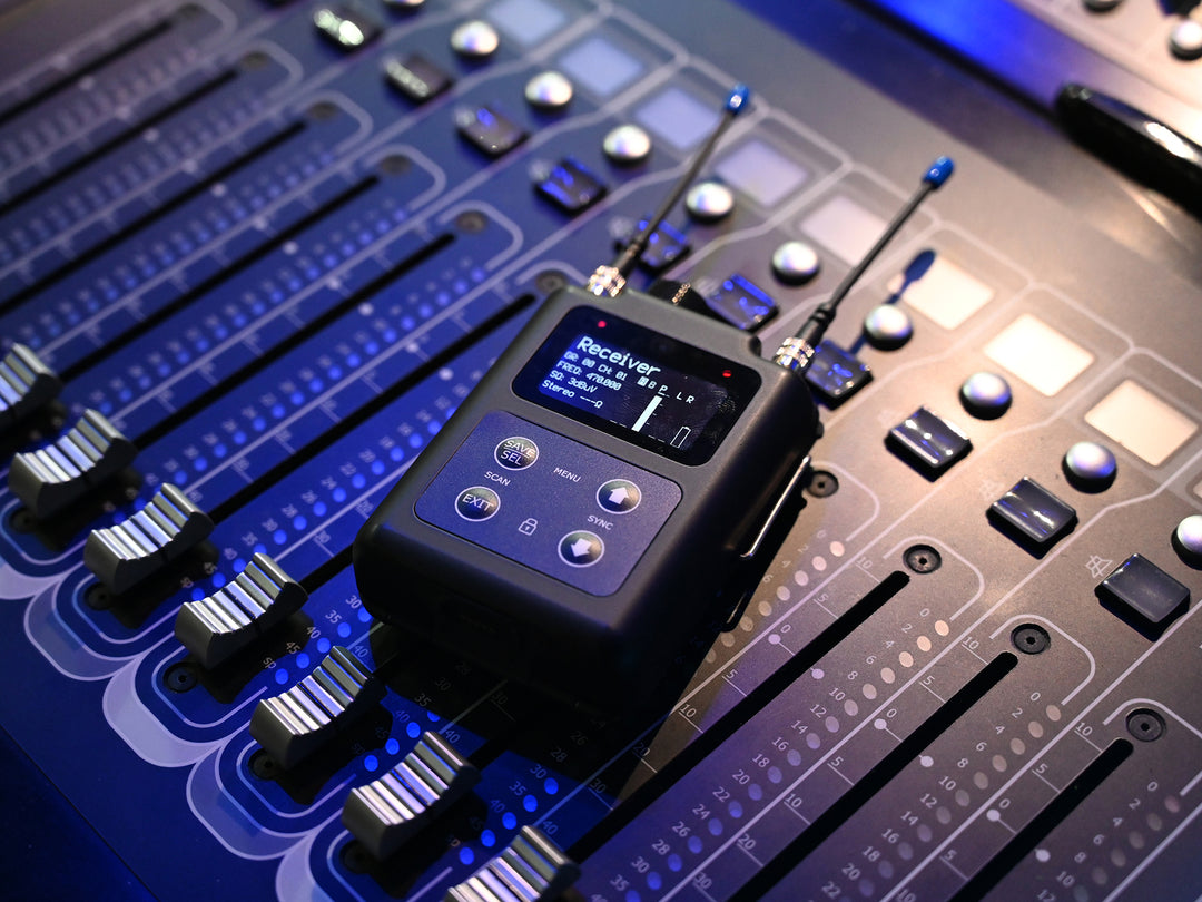 Wisycom MPR60 receiver on a mixing console with both antennas fitted