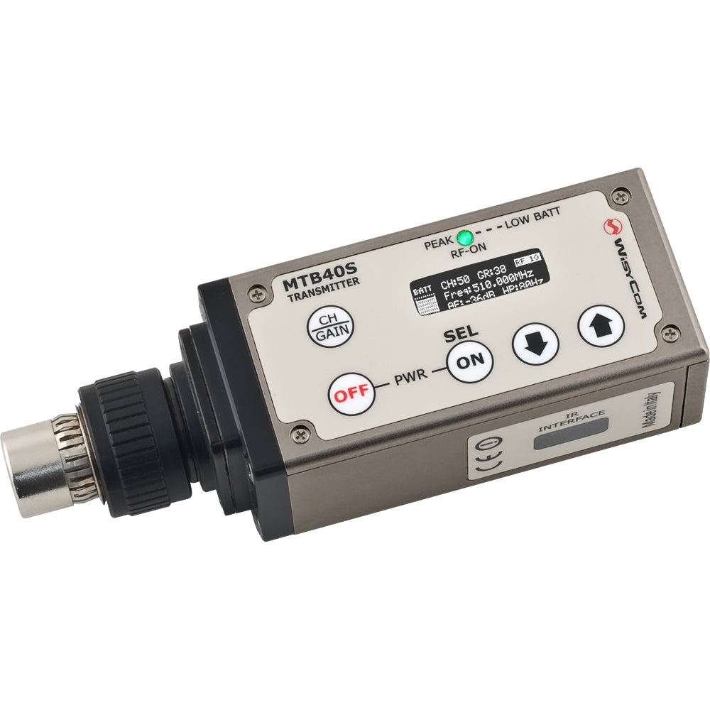 Wisycom MTB40S-UN plug-on transmitter front view