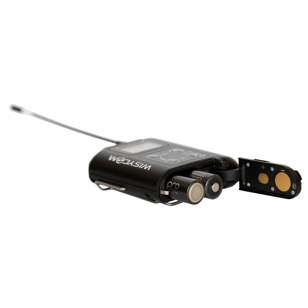 Wisycom MTP60 side view with AA Eneloop batteries