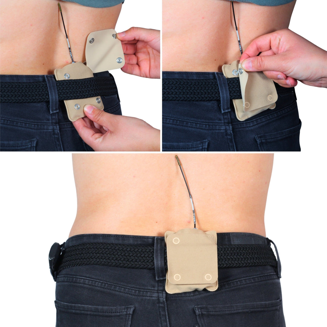 Beige Popper Pouch rigged vertically on a belt