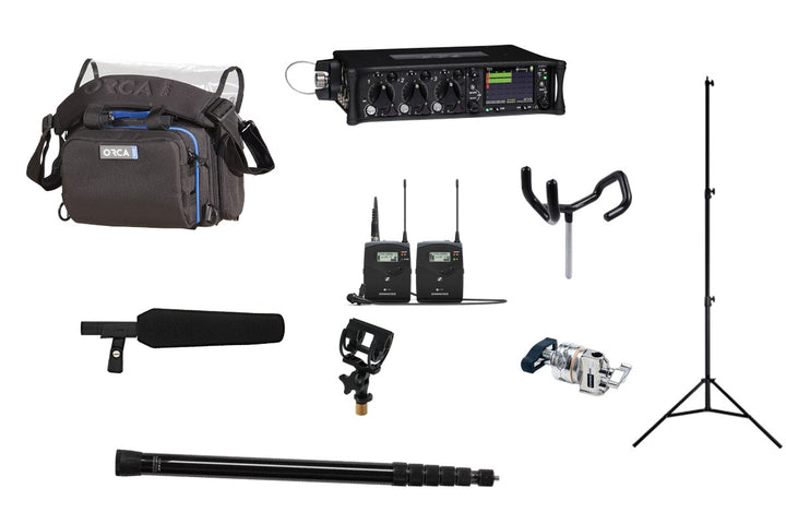 Interview kit rental: Sound Devices 633, Sennheiser G4, MKH 416 with Rycote InVision, VDB boompole, SWIT stand, Avenger D200, boom pole holder and Orca OR-28 bag