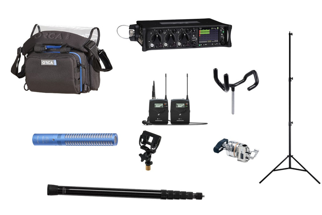 Interview kit rental with Schoeps MiniCMIT: Sound Devices 633, Sennheiser G4, Rycote InVision, VDB boompole, SWIT stand, Avenger D200, boom pole holder and Orca OR-28 bag