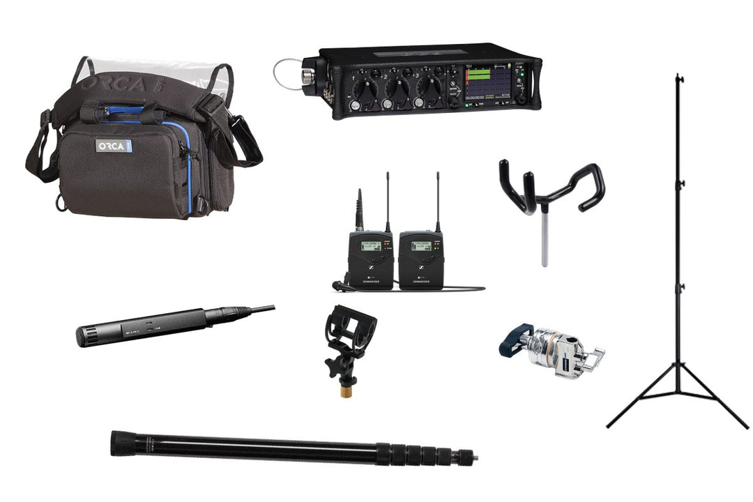 Interview kit rental with Sennheiser MKH 50: Sound Devices 633, Sennheiser G4, Rycote InVision, VDB boompole, SWIT stand, Avenger D200, boom pole holder and Orca OR-28 bag