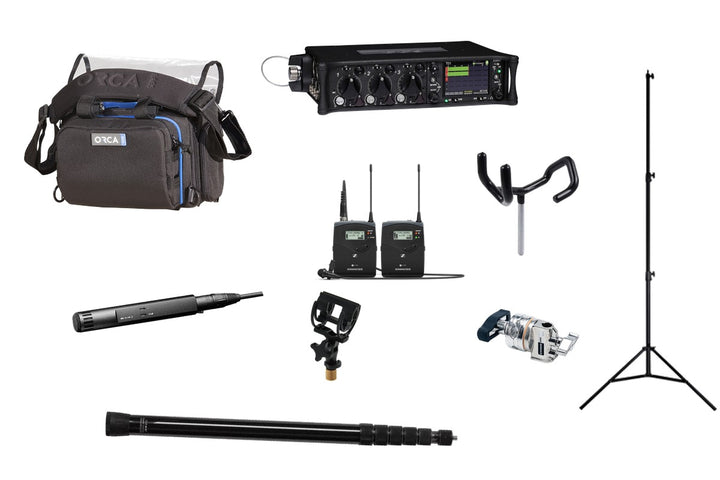 Interview kit rental with Sennheiser MKH 50: Sound Devices 633, Sennheiser G4, Rycote InVision, VDB boompole, SWIT stand, Avenger D200, boom pole holder and Orca OR-28 bag