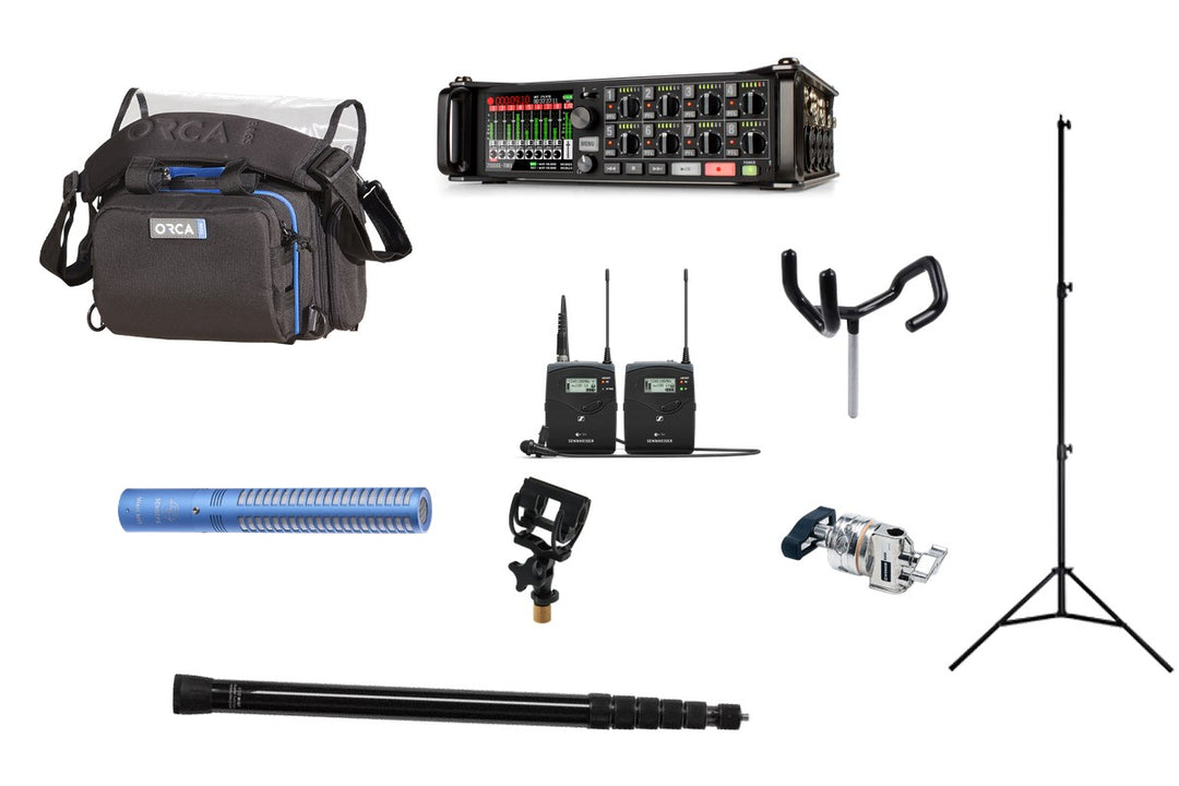 Interview kit rental with Schoeps MiniCMIT: Zoom F8n Pro, Sennheiser G4 wireless, Rycote InVision, VDB boompole, SWIT stand, Avenger D200, boom pole holder and Orca OR-28 bag