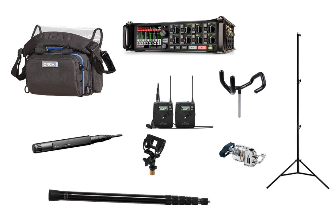 Interview kit rental with Sennheiser MKH 50: Zoom F8n Pro, Sennheiser G4 wireless, Rycote InVision, VDB boompole, SWIT stand, Avenger D200, boom pole holder and Orca OR-28 bag