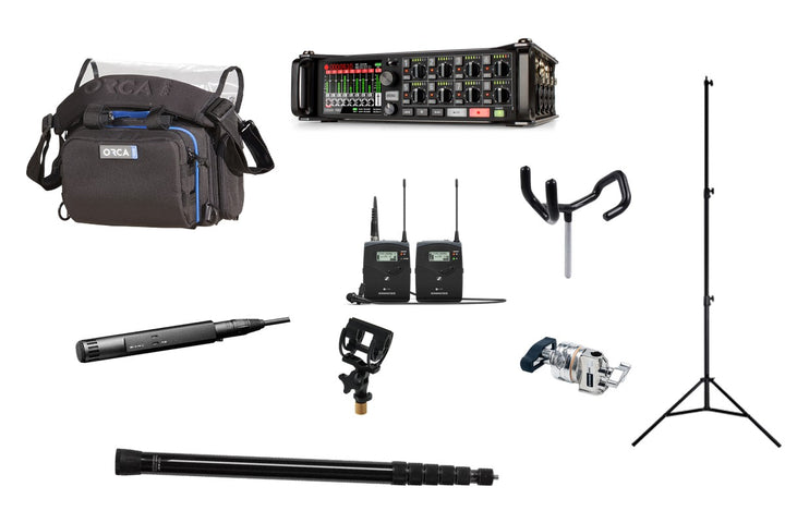 Interview kit rental with Sennheiser MKH 50: Zoom F8n Pro, Sennheiser G4 wireless, Rycote InVision, VDB boompole, SWIT stand, Avenger D200, boom pole holder and Orca OR-28 bag