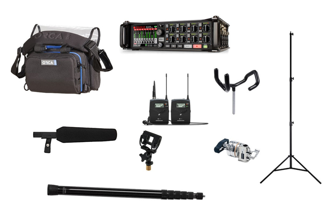Interview kit rental: Zoom F8n Pro, Sennheiser G4 wireless, MKH 416 with Rycote InVision, VDB boompole, SWIT light stand, Avenger D200 grip head, boom pole holder and Orca OR-28 bag