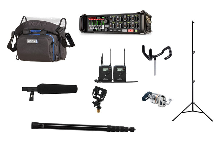 Interview kit rental: Zoom F8n Pro, Sennheiser G4 wireless, MKH 416 with Rycote InVision, VDB boompole, SWIT light stand, Avenger D200 grip head, boom pole holder and Orca OR-28 bag