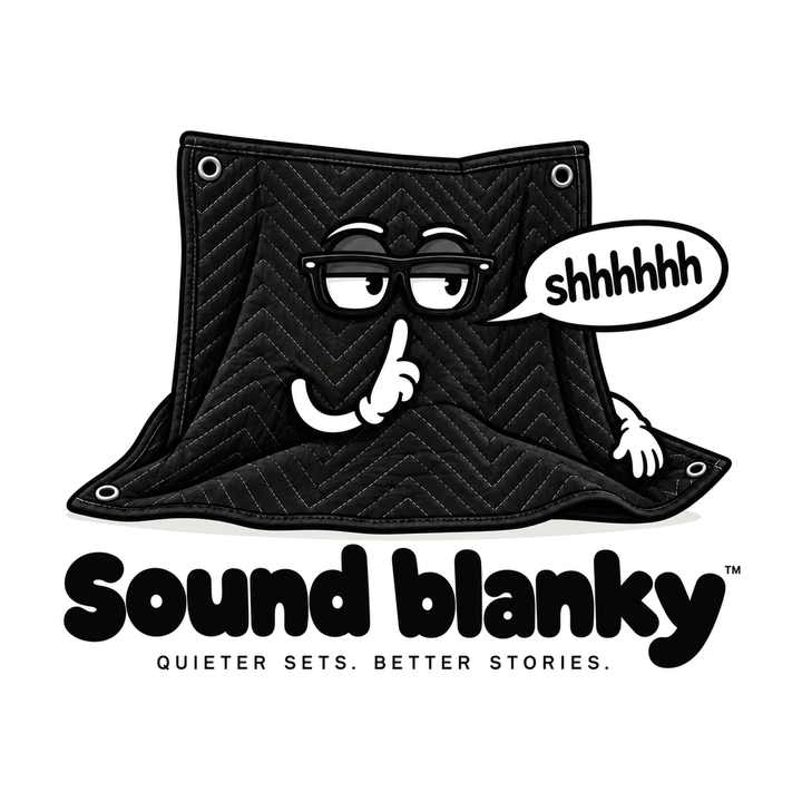 Sound Blanky logo: quilted black blanket mascot with glasses saying shhhhhh