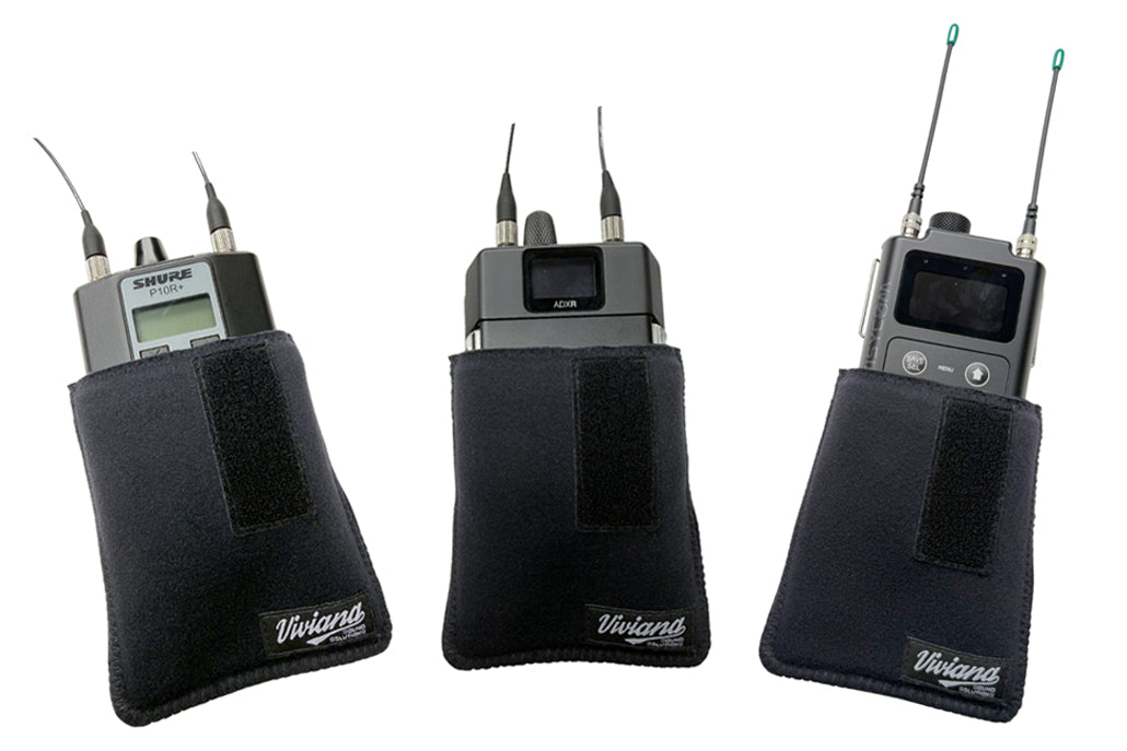 Viviana IFB/IEM Pouch with Magnetic Clip shown holding Shure P10R+, Shure ADXR and Lectrosonics IFB receivers