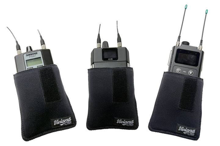 Viviana IFB/IEM Pouch with Magnetic Clip shown holding Shure P10R+, Shure ADXR and Lectrosonics IFB receivers