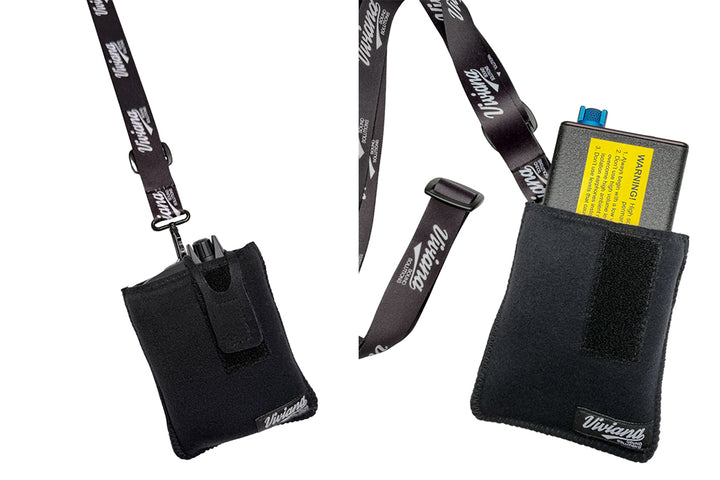 Viviana magnetic pouch worn on the included Viviana shoulder strap, empty and with a receiver inserted