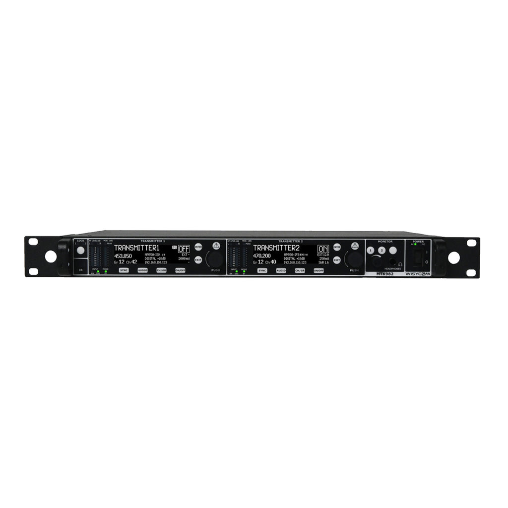 Wisycom MTK982 dual wideband IEM/IFB rack transmitter, front panel
