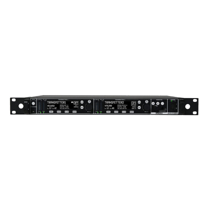 Wisycom MTK982 dual wideband IEM/IFB rack transmitter, front panel