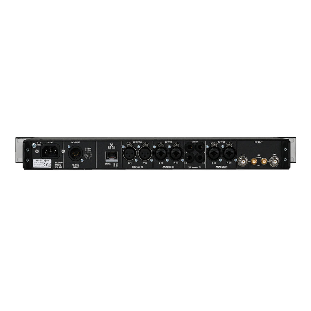 Wisycom MTK982 rear panel with BNC antenna outputs and audio inputs