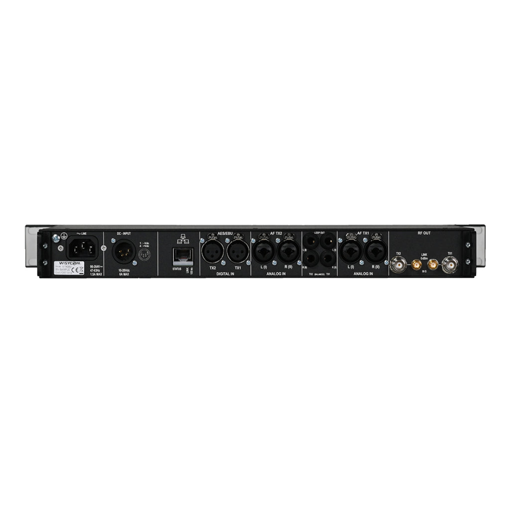 Wisycom MTK982 rear panel with BNC antenna outputs and audio inputs