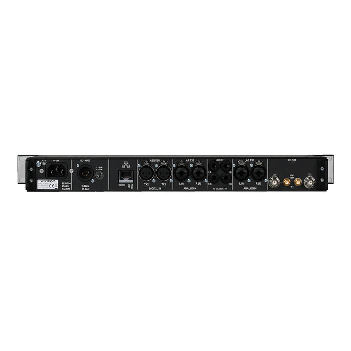 Wisycom MTK982 rear panel with BNC antenna outputs and audio inputs